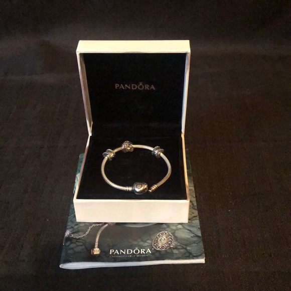 Pandora Jewelry - Pandora sterling heart clasp bracelet with 3 charms; green peridot birthday 7”